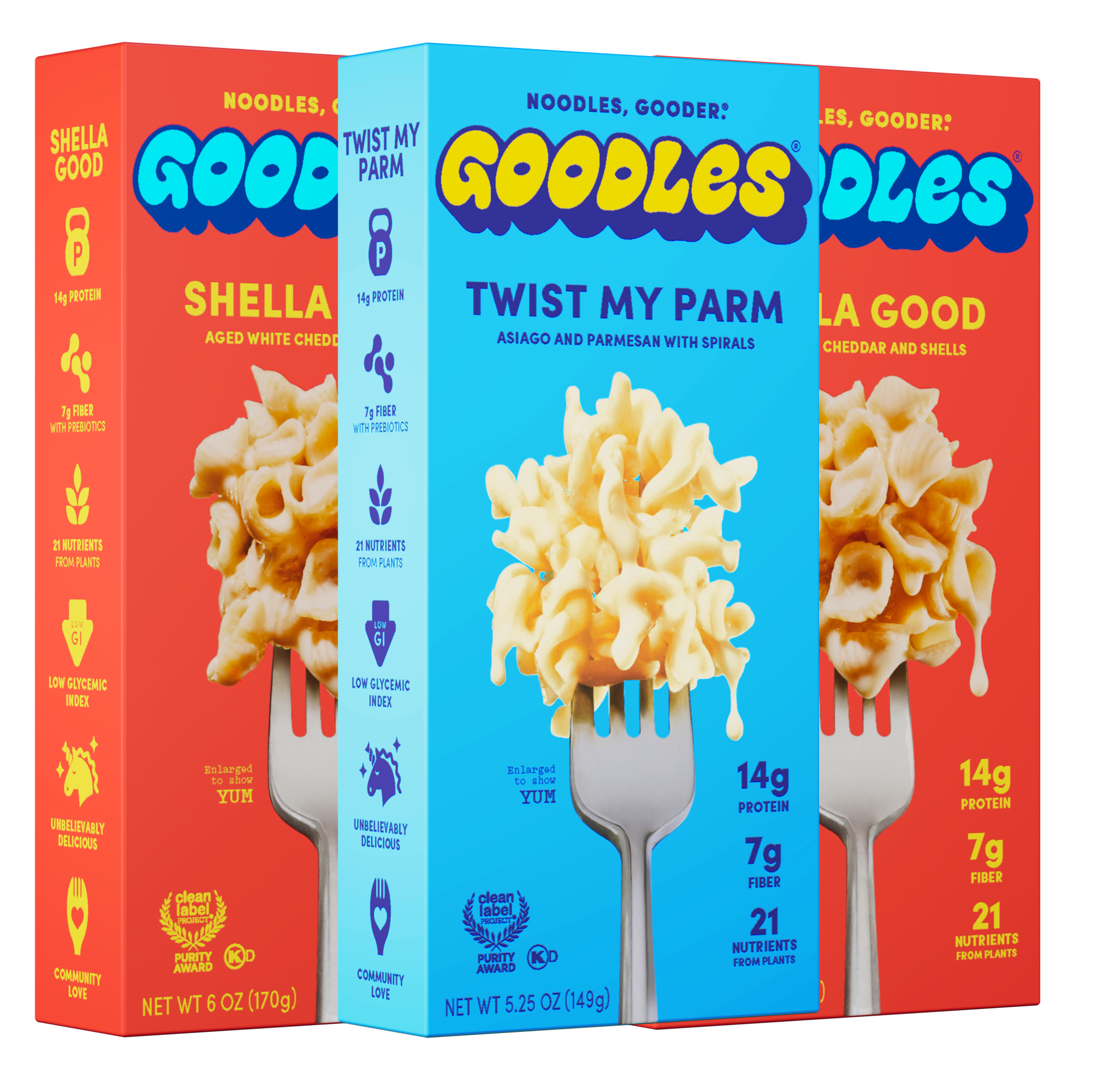 Goodles product lineup — Shella Good, Twist My Parm, Cheddy Mac